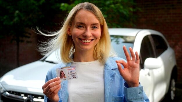 Femme avec son permis devant sa voiture