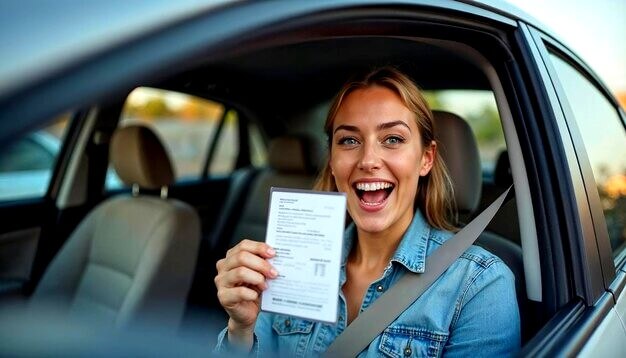 Femme joyeuse avec son permis de conduire dans sa voiture