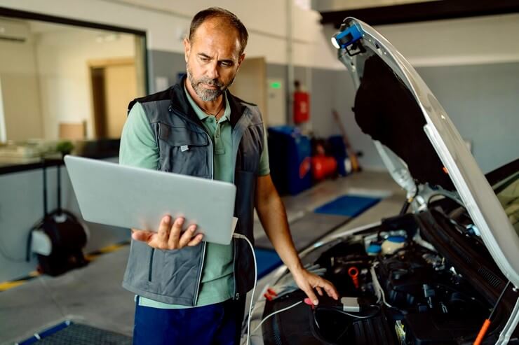 Mécanicien diagnostique une voiture avec un ordinateur