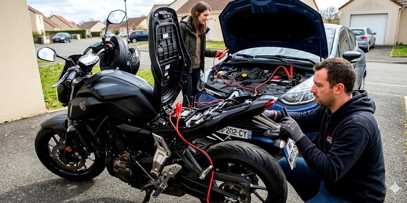 Couple qui essaie de recharger la batterie d'une moto avec celle d'une voiture