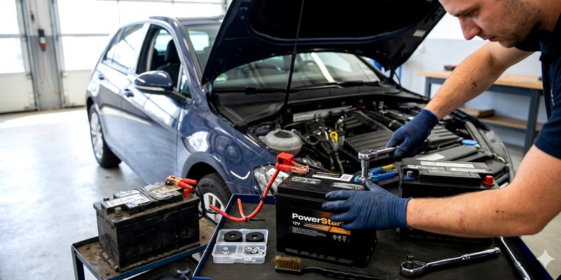 Un mécanicien change la batterie d'une voiture