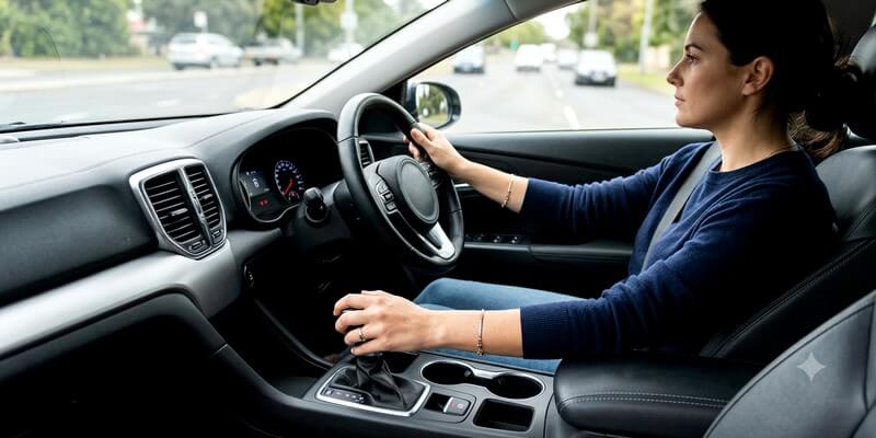 Femme conduisant une voiture automatique