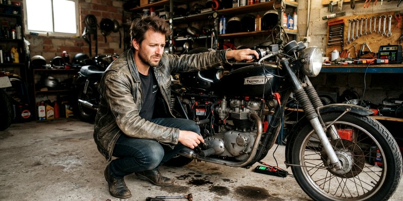 Homme avec une moto qui ne démarre pas