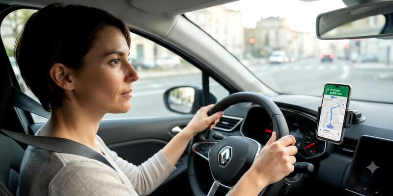 Jeune conductrice utilise un smartphone comme un GPS