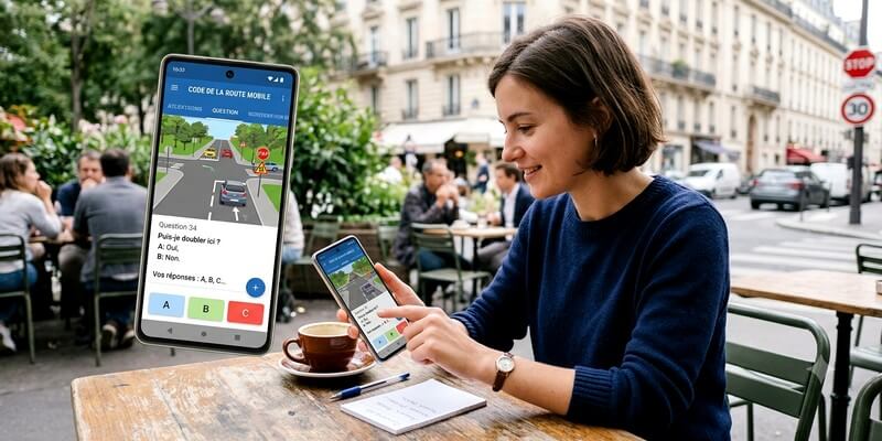 Jeune femme qui révise le code de la route sur son téléphone