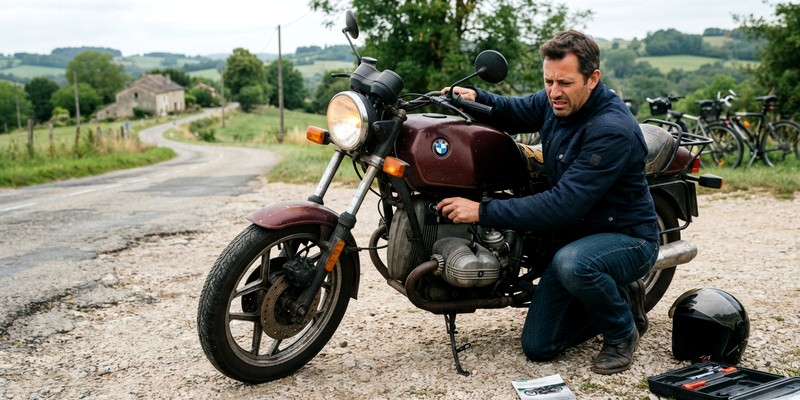 Jeune motard avec une moto qui ne démarre pas
